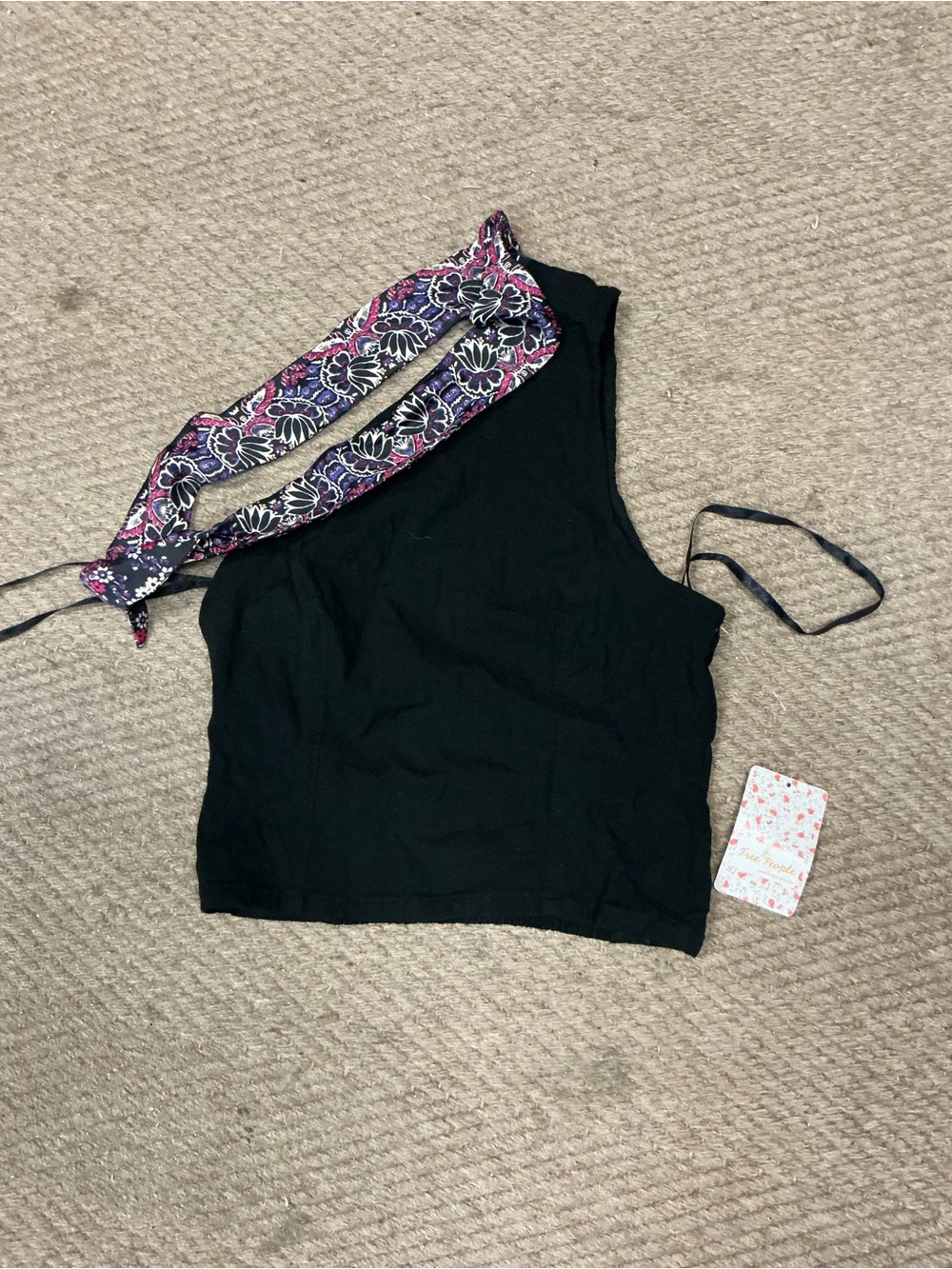 Free People Black One-Shoulder Crop Top with Floral Neck Scarf